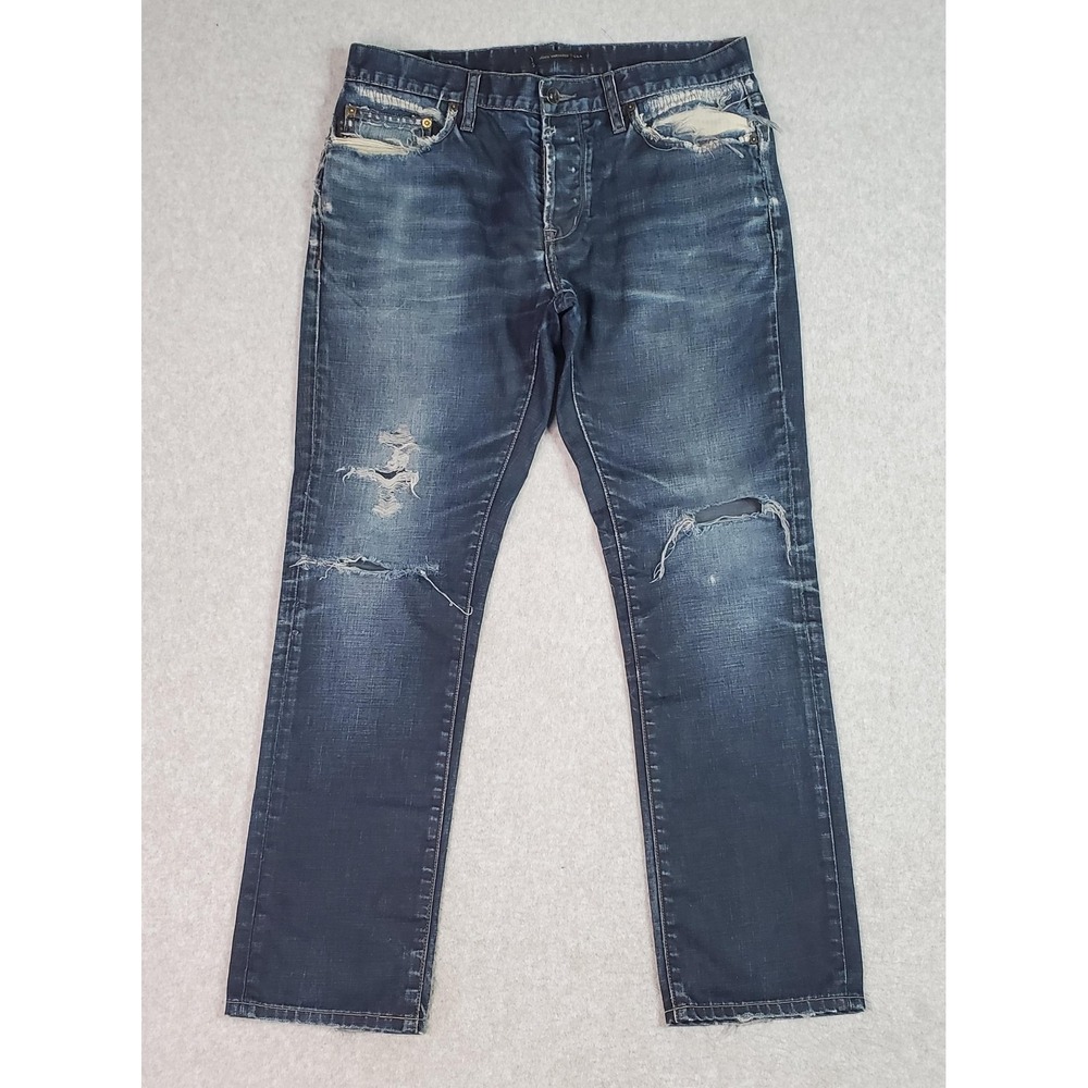 John Varvatos USA Jeans Mens 33X29 Blue Distressed Slim Straight Denim